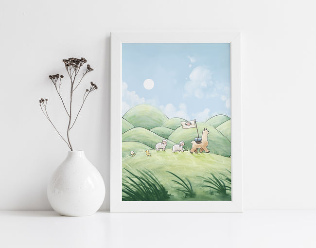 Alpaca & Sheep Art Print - Traveling Through Hills