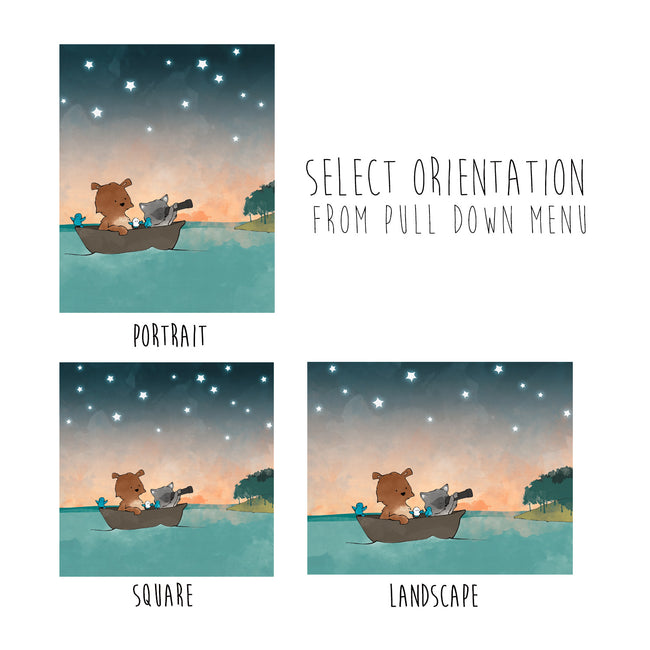 Bear and Raccoon Art Print - Boating in the Stars