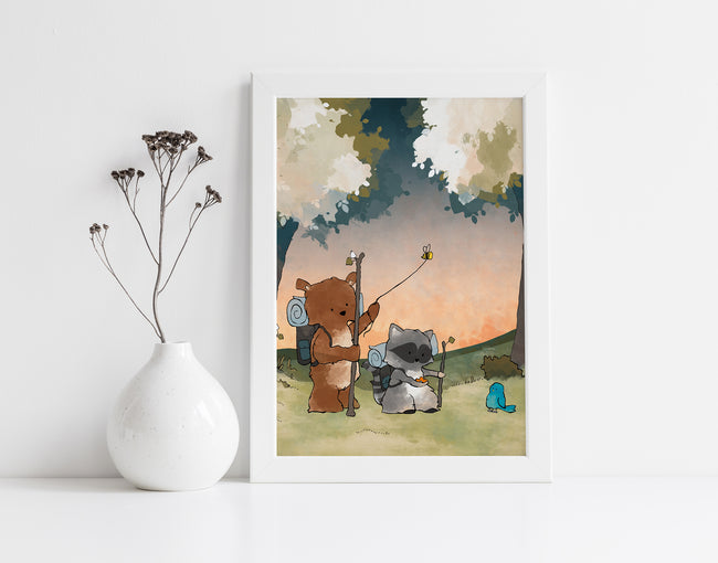 Bear and Raccoon Art Print - Hiking Through the Woods