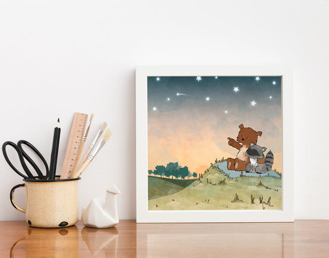 Bear and Raccoon Art Print - Shooting Stars
