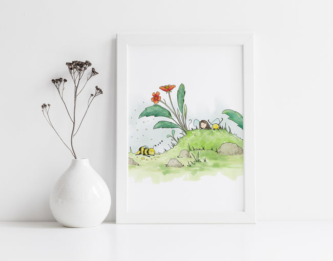 Fairy Art Print - Spying a Bumble Bee