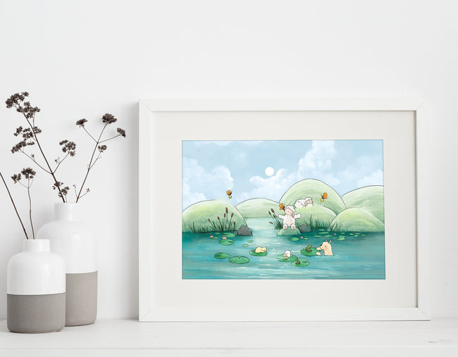 Alpaca & Sheep Art Print - Playing at the Pond