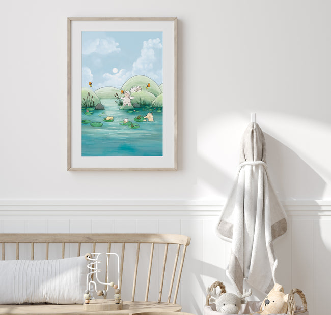 Alpaca & Sheep Art Print - Playing at the Pond