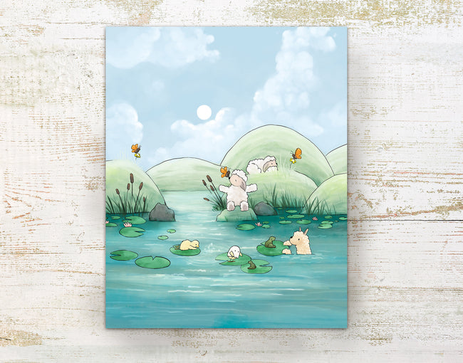 Alpaca & Sheep Art Print - Playing at the Pond