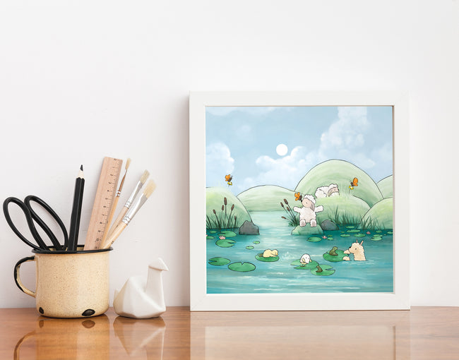 Alpaca & Sheep Art Print - Playing at the Pond