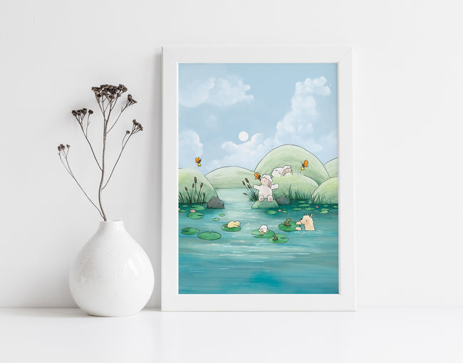 Alpaca & Sheep Art Print - Playing at the Pond