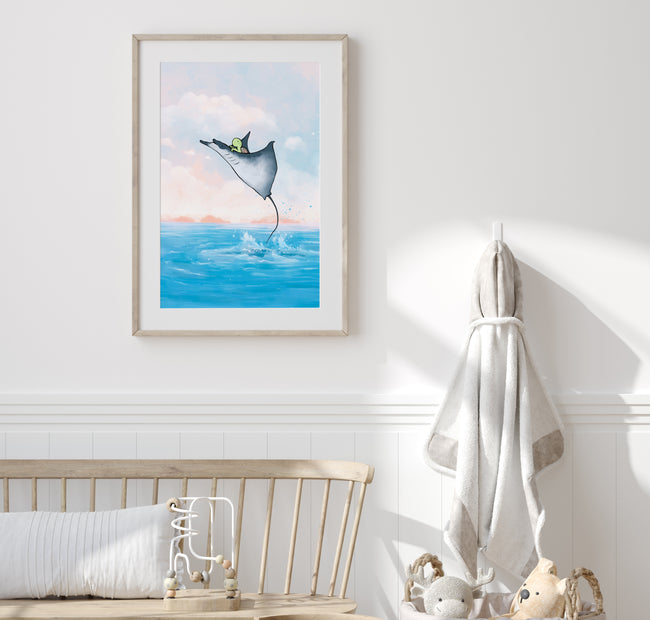 Sea Turtle Art Print - Riding a Manta Ray