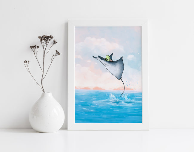 Sea Turtle Art Print - Riding a Manta Ray