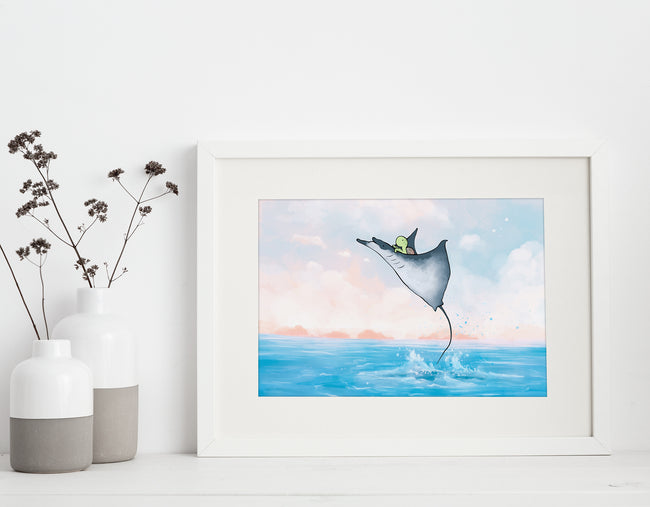Sea Turtle Art Print - Riding a Manta Ray