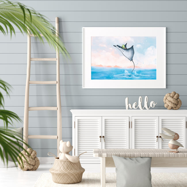 Sea Turtle Art Print - Riding a Manta Ray