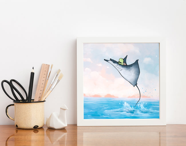 Sea Turtle Art Print - Riding a Manta Ray