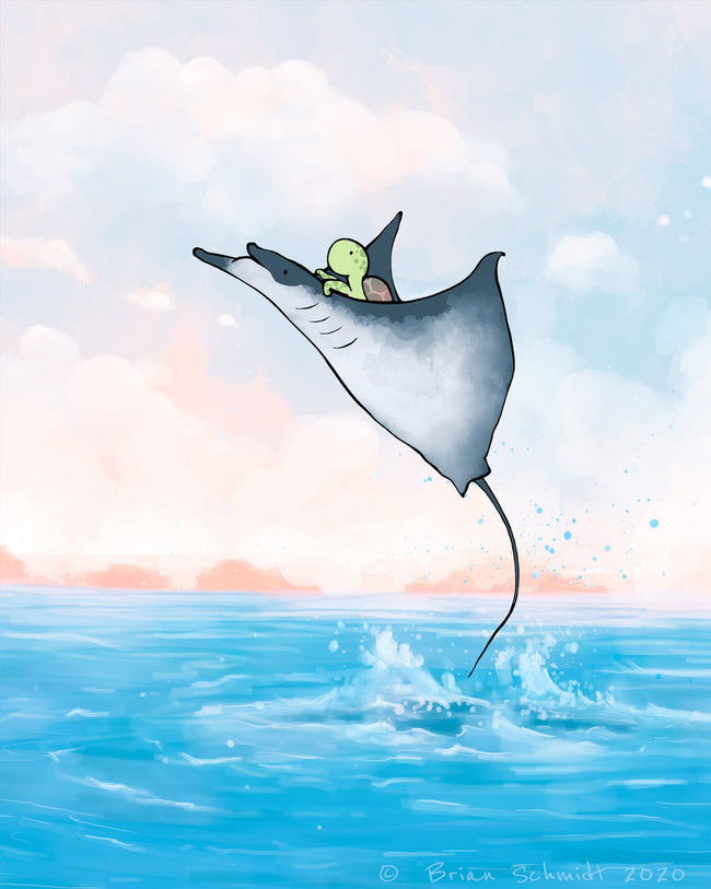 Sea Turtle Art Print - Riding a Manta Ray