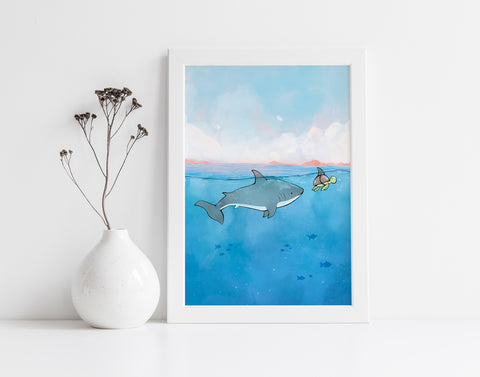 Shark Art Print - With Sea Turtle