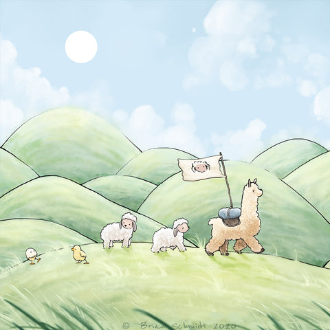 Alpaca & Sheep Art Print - Traveling Through Hills