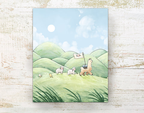 Alpaca & Sheep Art Print - Traveling Through Hills
