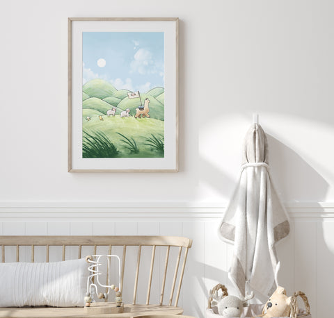 Alpaca & Sheep Art Print - Traveling Through Hills