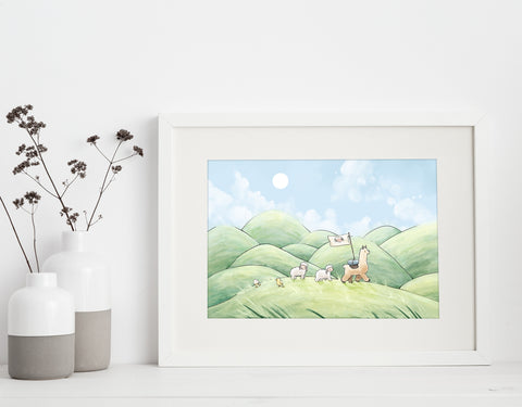 Alpaca & Sheep Art Print - Traveling Through Hills