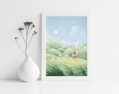 Alpaca & Sheep Art Print - Traveling Through Hills