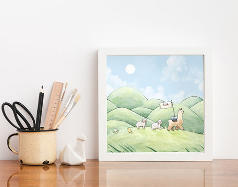 Alpaca & Sheep Art Print - Traveling Through Hills