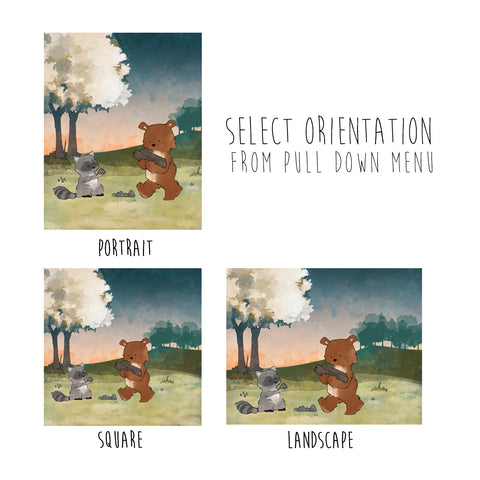 Bear and Raccoon Art Print - Building a Campfire