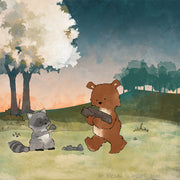 Bear and Raccoon Art Print - Building a Campfire