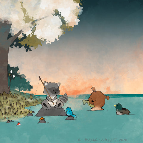 Bear and Raccoon Art Print - Gone Fishing