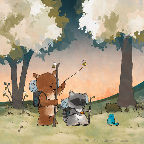 Bear and Raccoon Art Print - Hiking Through the Woods