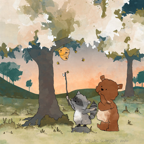 Bear and Raccoon Art Print - Reaching for Honey