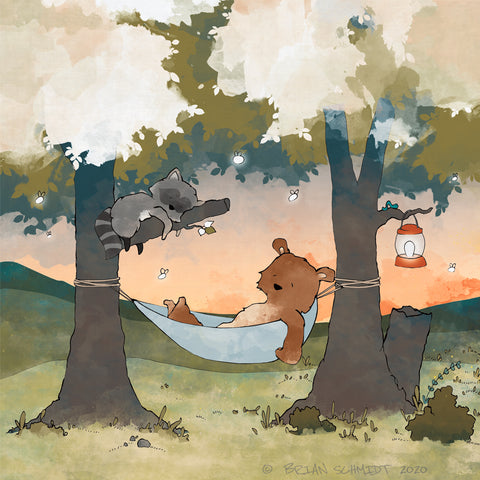 Bear and Raccoon Art Print - Napping in the Woods