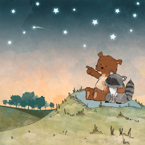 Bear and Raccoon Art Print - Shooting Stars