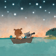 Bear and Raccoon Art Print - Boating in the Stars