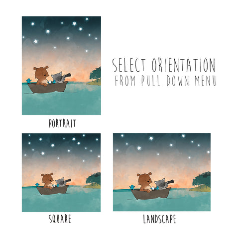 Bear and Raccoon Art Print - Boating in the Stars