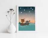 Bear and Raccoon Art Print - Boating in the Stars