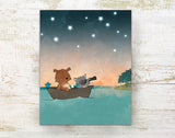Bear and Raccoon Art Print - Boating in the Stars