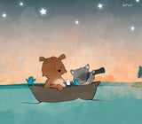 Bear and Raccoon Art Print - Boating in the Stars