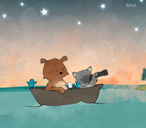 Bear and Raccoon Art Print - Boating in the Stars