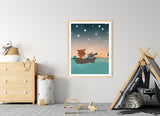 Bear and Raccoon Art Print - Boating in the Stars