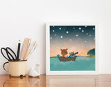 Bear and Raccoon Art Print - Boating in the Stars