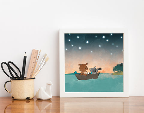Bear and Raccoon Art Print - Boating in the Stars