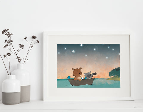 Bear and Raccoon Art Print - Boating in the Stars