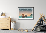 Bear and Raccoon Art Print - Boating in the Stars