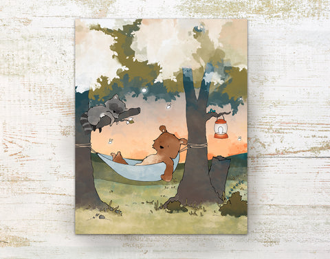 Bear and Raccoon Art Print - Napping in the Woods