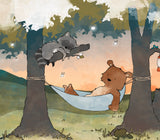 Bear and Raccoon Art Print - Napping in the Woods