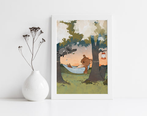 Bear and Raccoon Art Print - Napping in the Woods