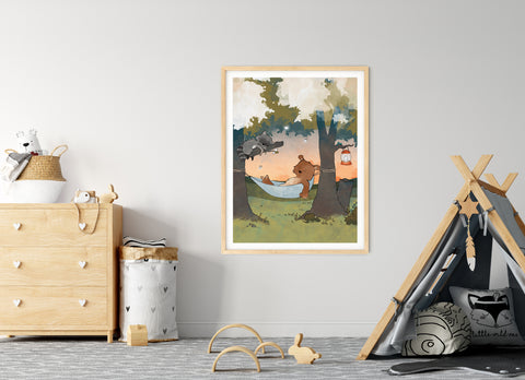 Bear and Raccoon Art Print - Napping in the Woods