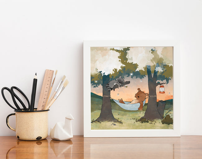 Bear and Raccoon Art Print - Napping in the Woods