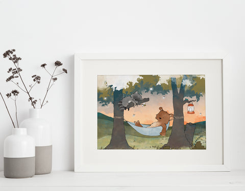 Bear and Raccoon Art Print - Napping in the Woods