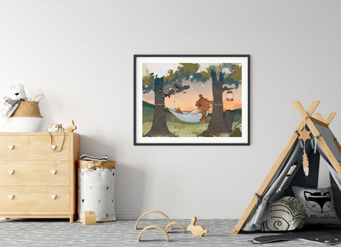 Bear and Raccoon Art Print - Napping in the Woods