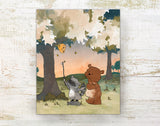 Bear and Raccoon Art Print - Reaching for Honey