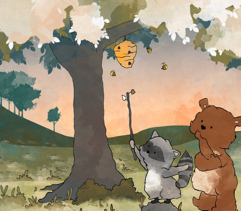 Bear and Raccoon Art Print - Reaching for Honey